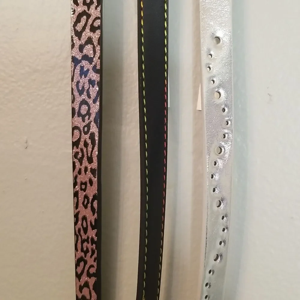 Girls 3 Belt Set Pink Leopard, Black multicolor stitch, & Metallic Silver NWT XL